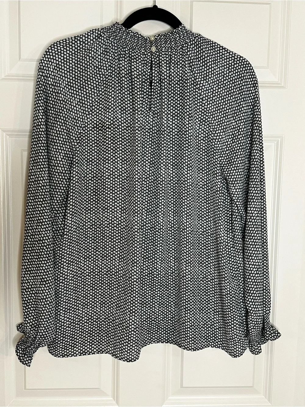LOFT Sage/Gray Smocked-Neck Printed Blouse